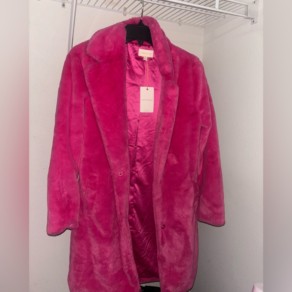 Unique Vintage Skies Are Blue Pink Faux Fur Coat size Xs